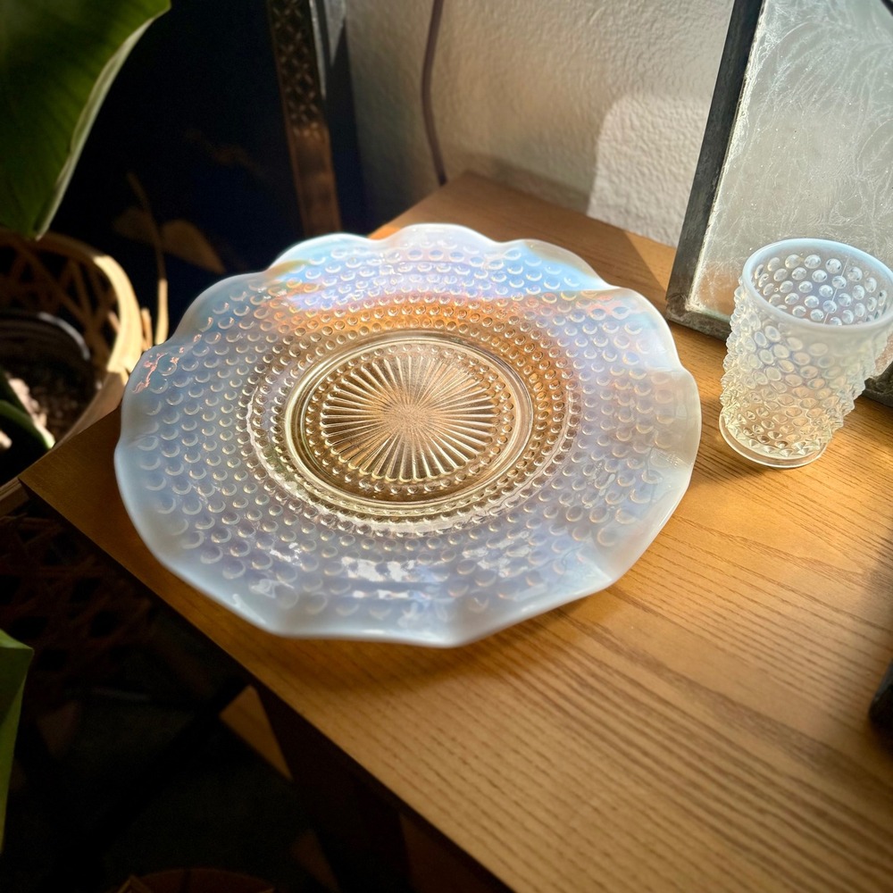 Vintage Fenton White Opalescent Hobnail Ruffled Plate and Toothpick Holder Set